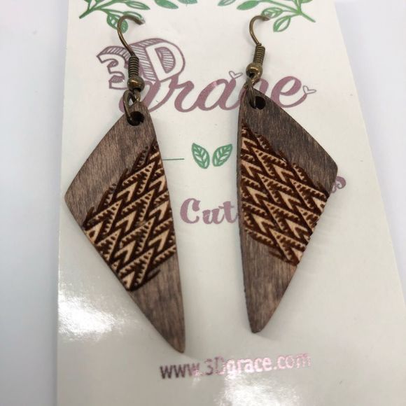 Geometric 3D Laser Etched Wood Lightweight Pierced Earrings - Picture 2 of 4